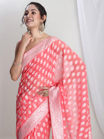 Thumbnail for Janasya Coral Silk Blend Floral Jacquard Saree