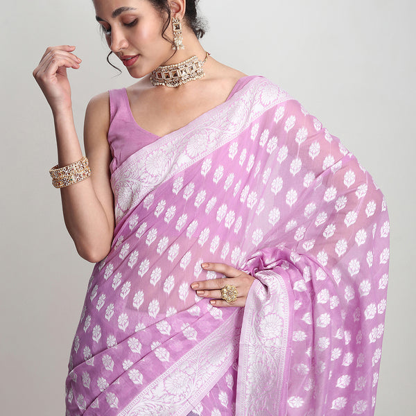 Janasya Lavender Silk Blend Floral Jacquard Saree - Distacart