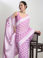 Thumbnail for Janasya Lavender Silk Blend Floral Jacquard Saree