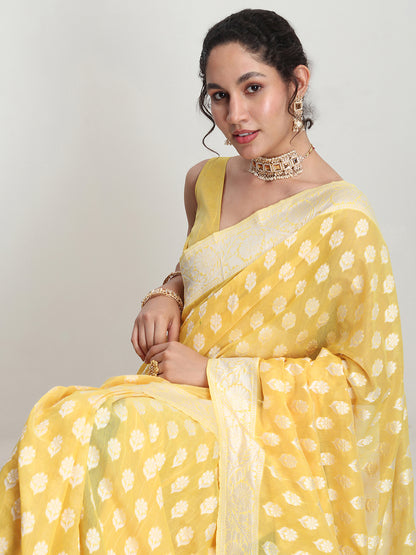 Janasya Yellow Silk Blend Floral Jacquard Saree - Distacart