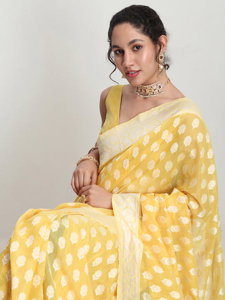 Janasya Yellow Silk Blend Floral Jacquard Saree