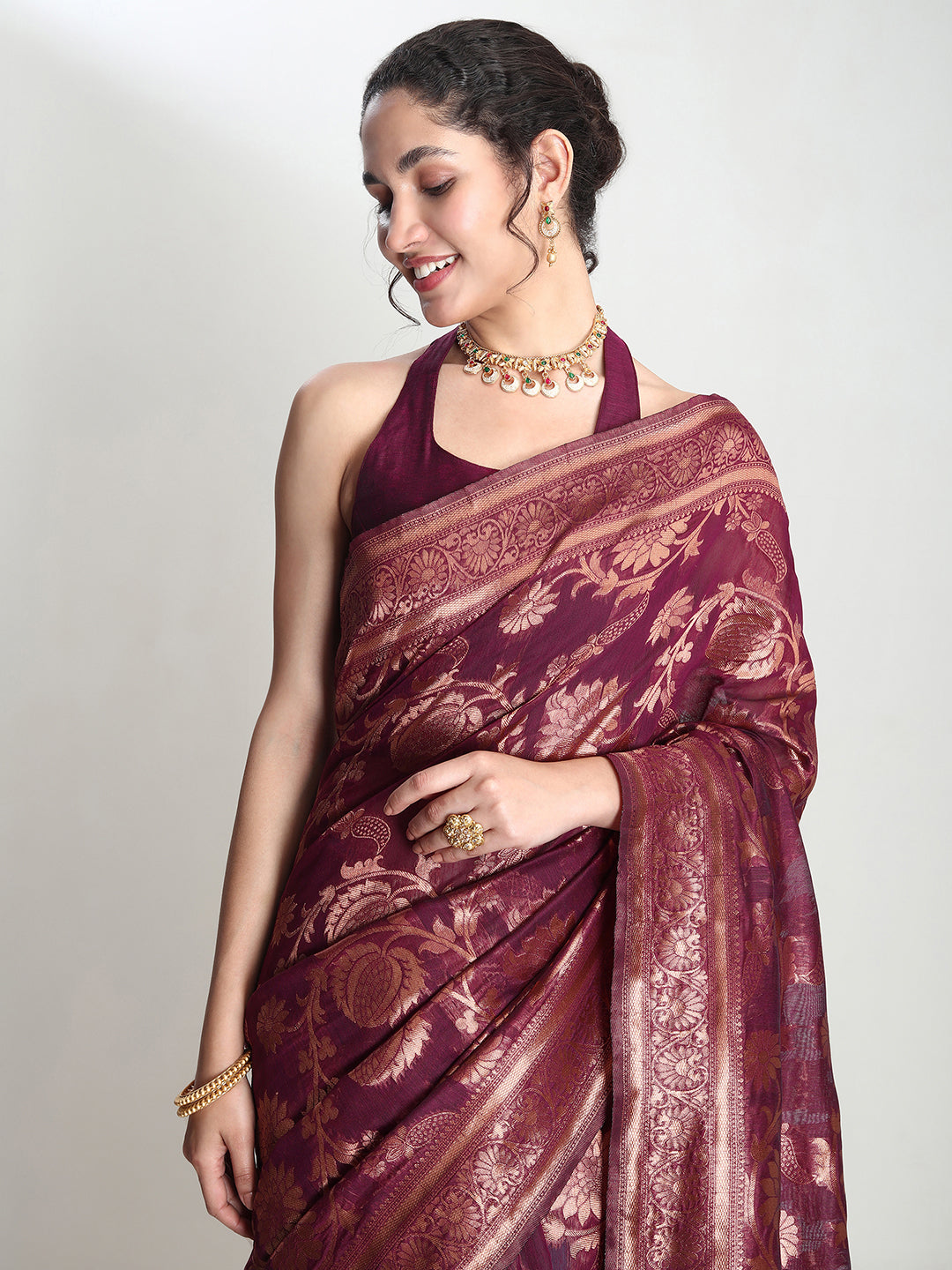 Janasya Purple Silk Blend Floral Jacquard Saree