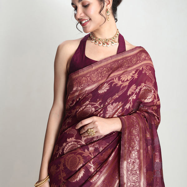 Janasya Purple Silk Blend Floral Jacquard Saree