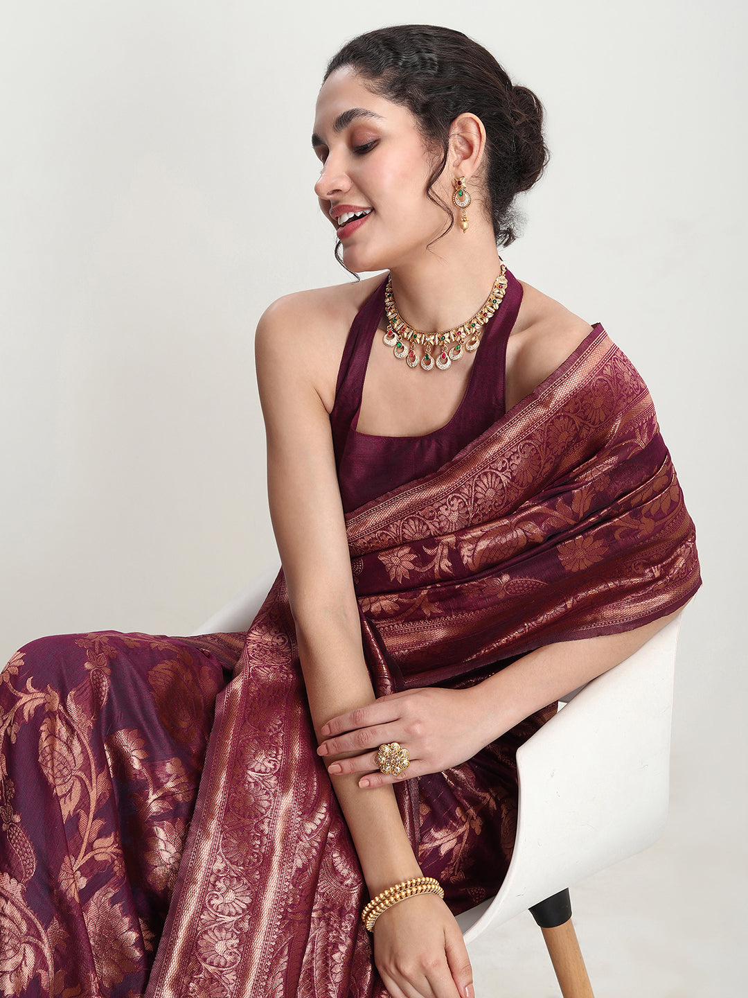 Janasya Purple Silk Blend Floral Jacquard Saree