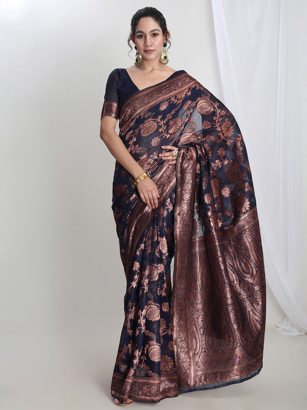 Janasya Navy Blue Silk Blend Floral Jacquard Saree