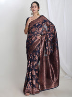 Thumbnail for Janasya Navy Blue Silk Blend Floral Jacquard Saree