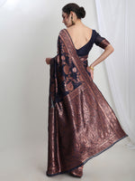 Thumbnail for Janasya Navy Blue Silk Blend Floral Jacquard Saree
