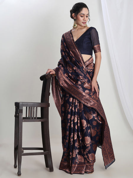 Janasya Navy Blue Silk Blend Floral Jacquard Saree