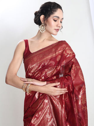 Janasya Red Silk Blend Floral Jacquard Saree