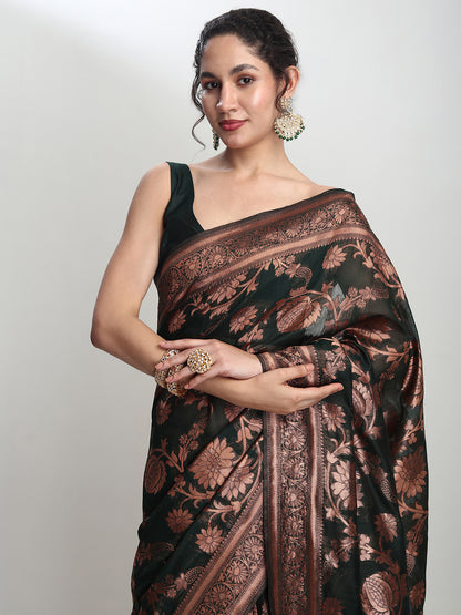 Janasya Dark Green Silk Blend Floral Jacquard Saree - Distacart