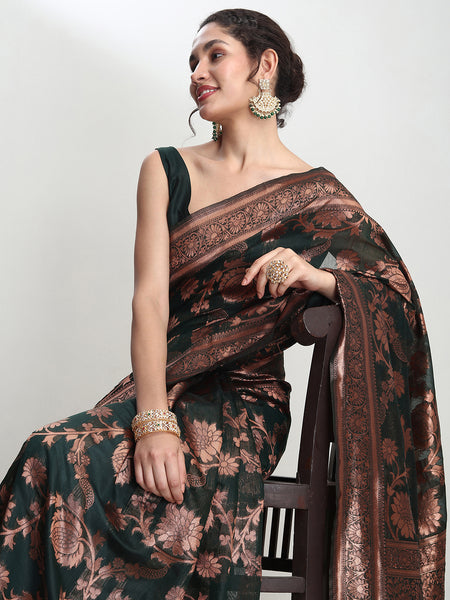 Janasya Dark Green Silk Blend Floral Jacquard Saree