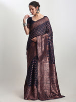 Thumbnail for Janasya Indigo Silk Blend Floral Jacquard Saree