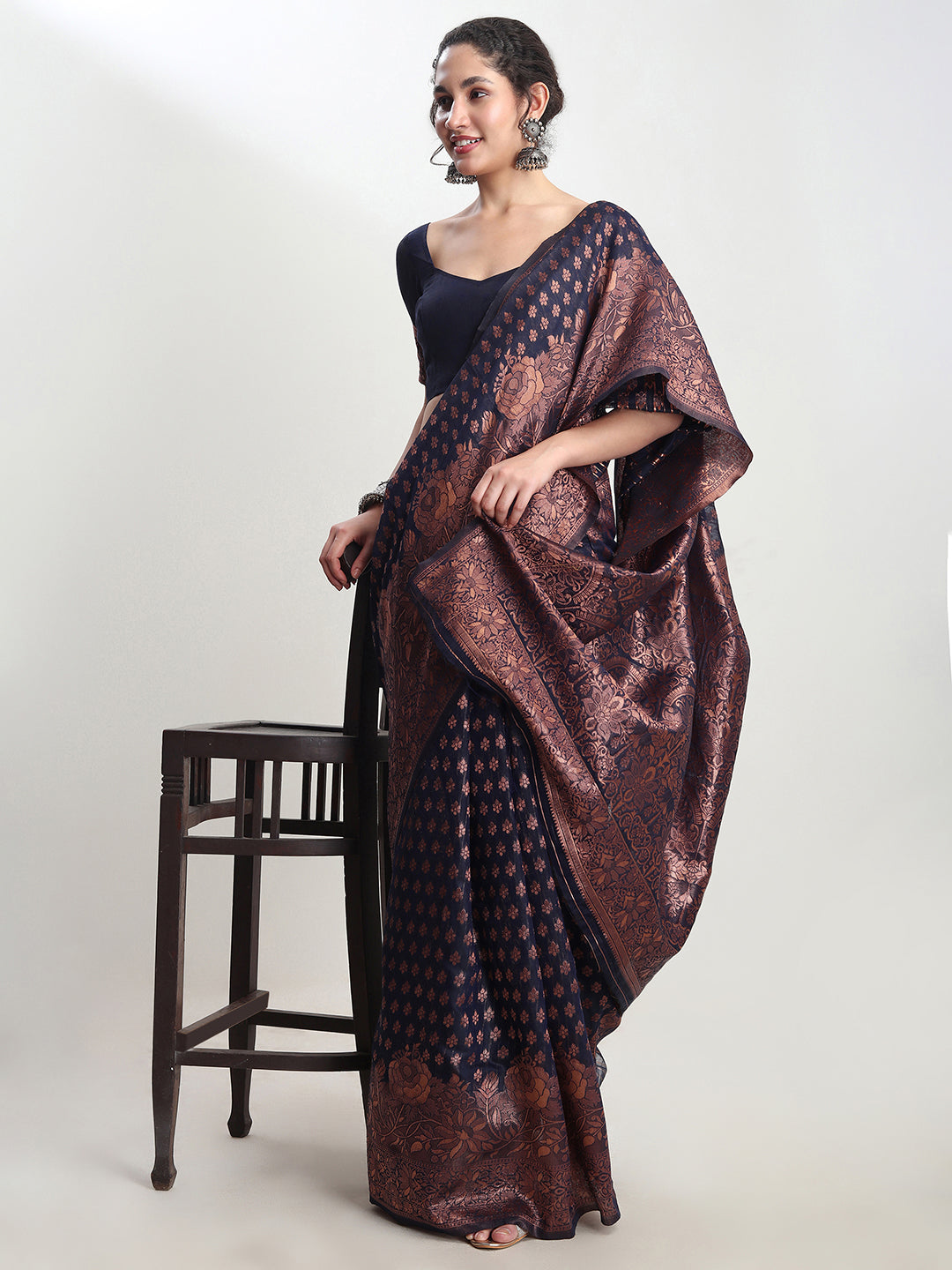 Janasya Indigo Silk Blend Floral Jacquard Saree