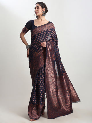 Janasya Indigo Silk Blend Floral Jacquard Saree