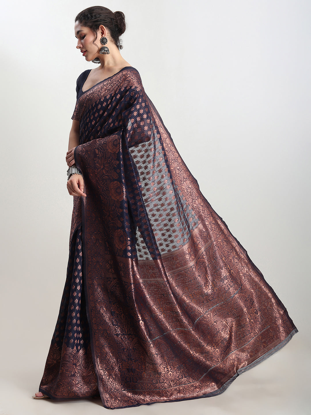 Janasya Indigo Silk Blend Floral Jacquard Saree