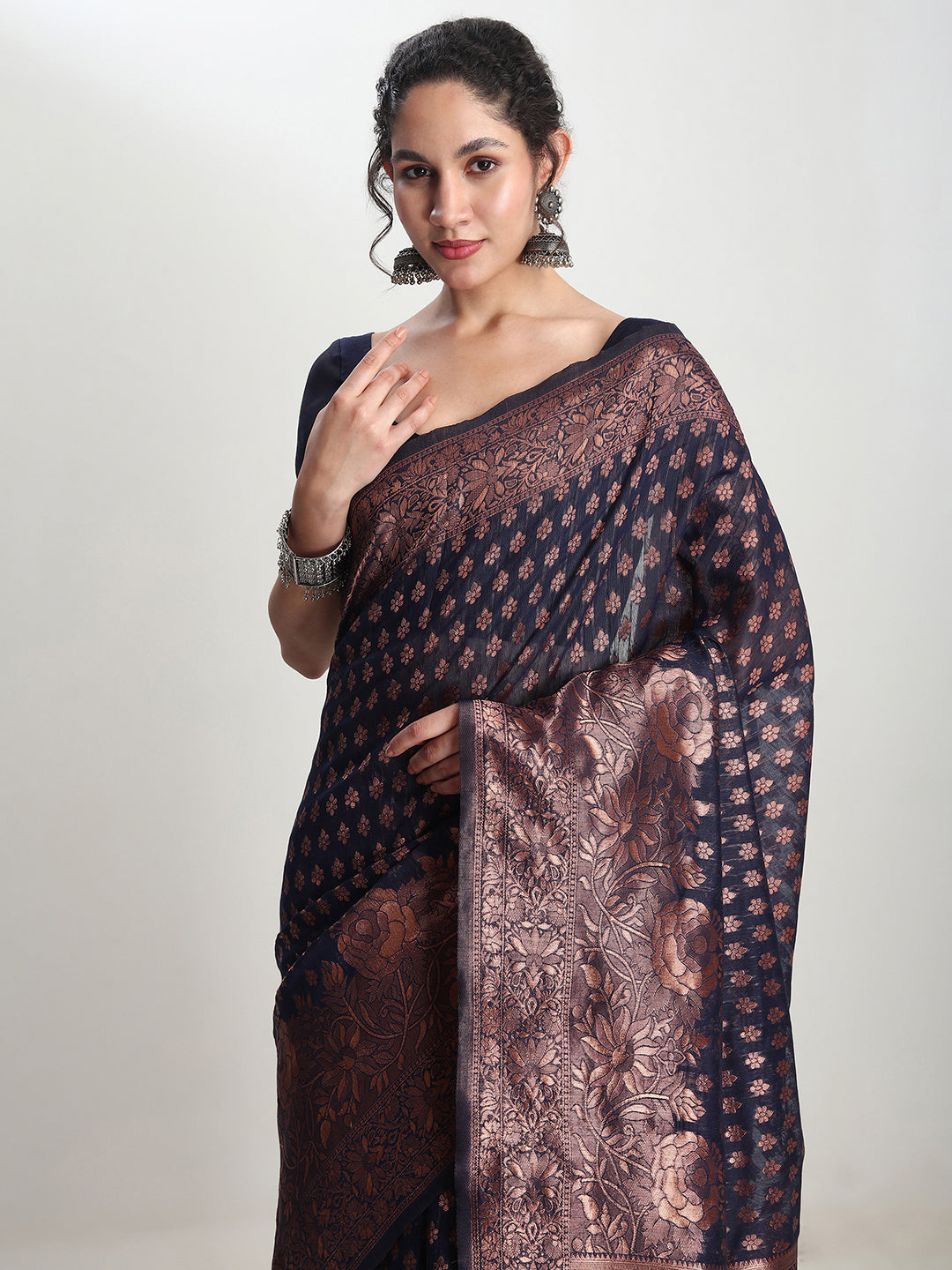 Janasya Indigo Silk Blend Floral Jacquard Saree