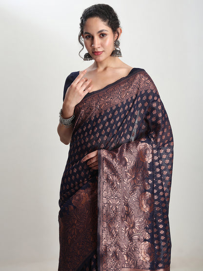 Janasya Indigo Silk Blend Floral Jacquard Saree - Distacart