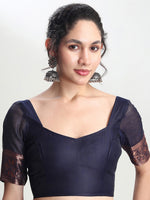 Thumbnail for Janasya Indigo Silk Blend Floral Jacquard Saree