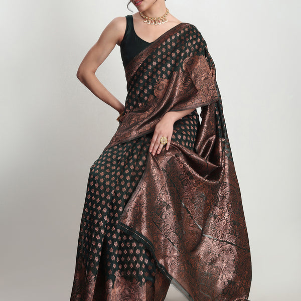 Janasya Dark Green Silk Blend Floral Jacquard Saree - Distacart