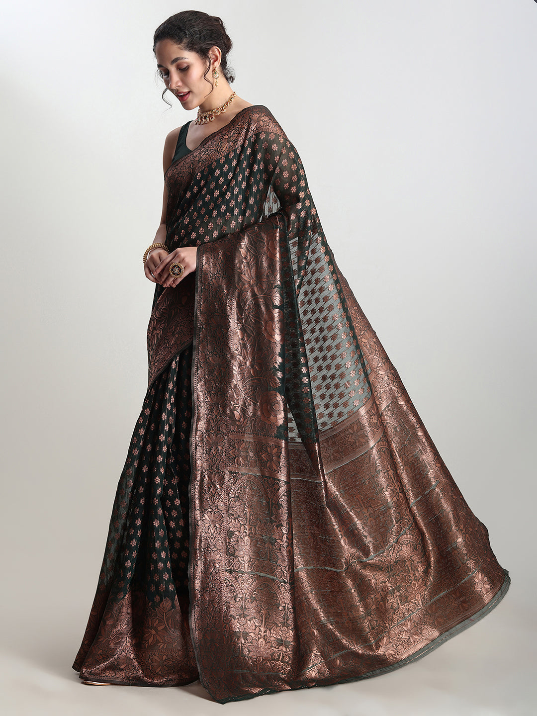 Janasya Dark Green Silk Blend Floral Jacquard Saree
