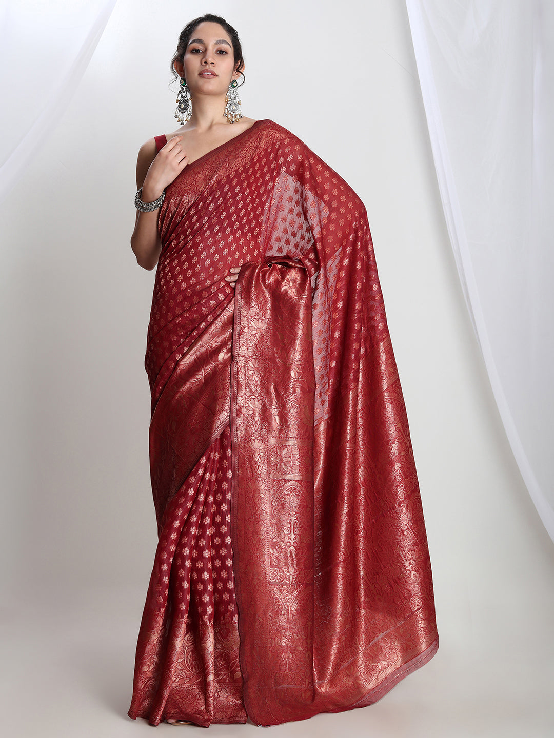 Janasya Red Silk Blend Floral Jacquard Saree