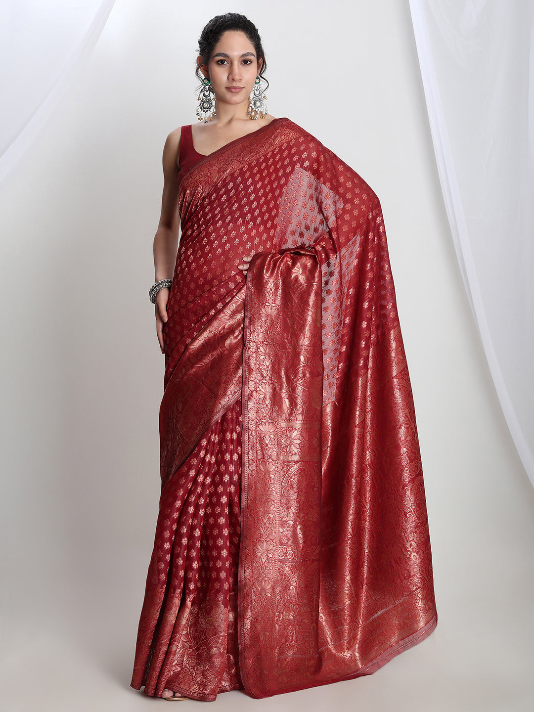 Janasya Red Silk Blend Floral Jacquard Saree