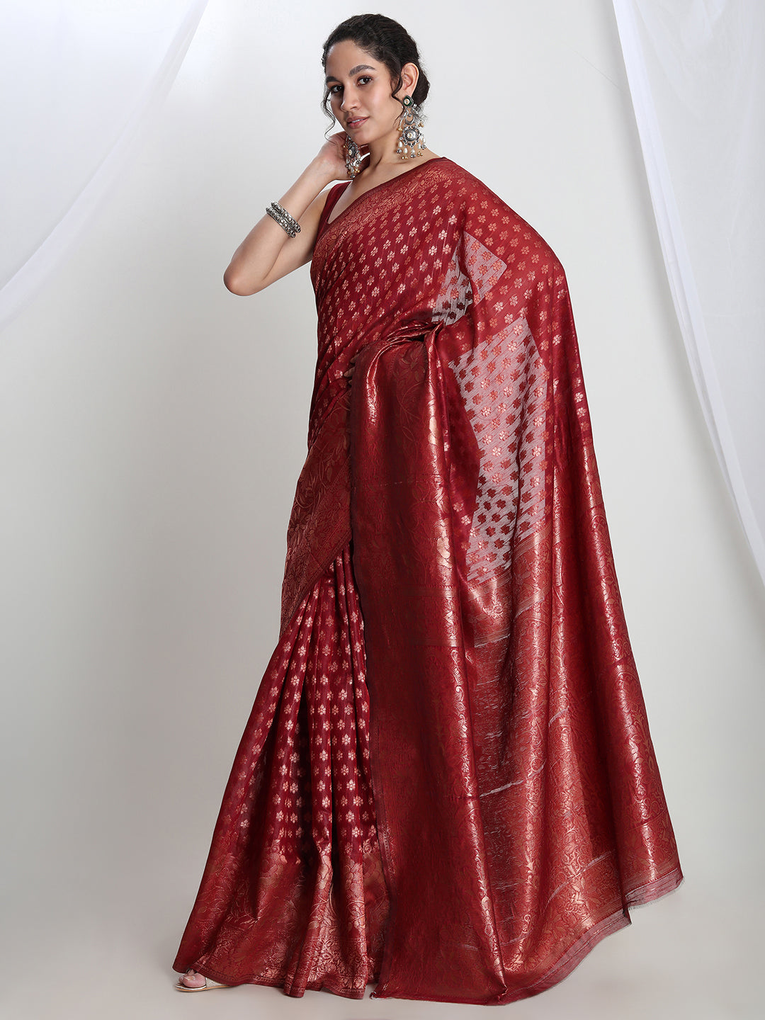 Janasya Red Silk Blend Floral Jacquard Saree