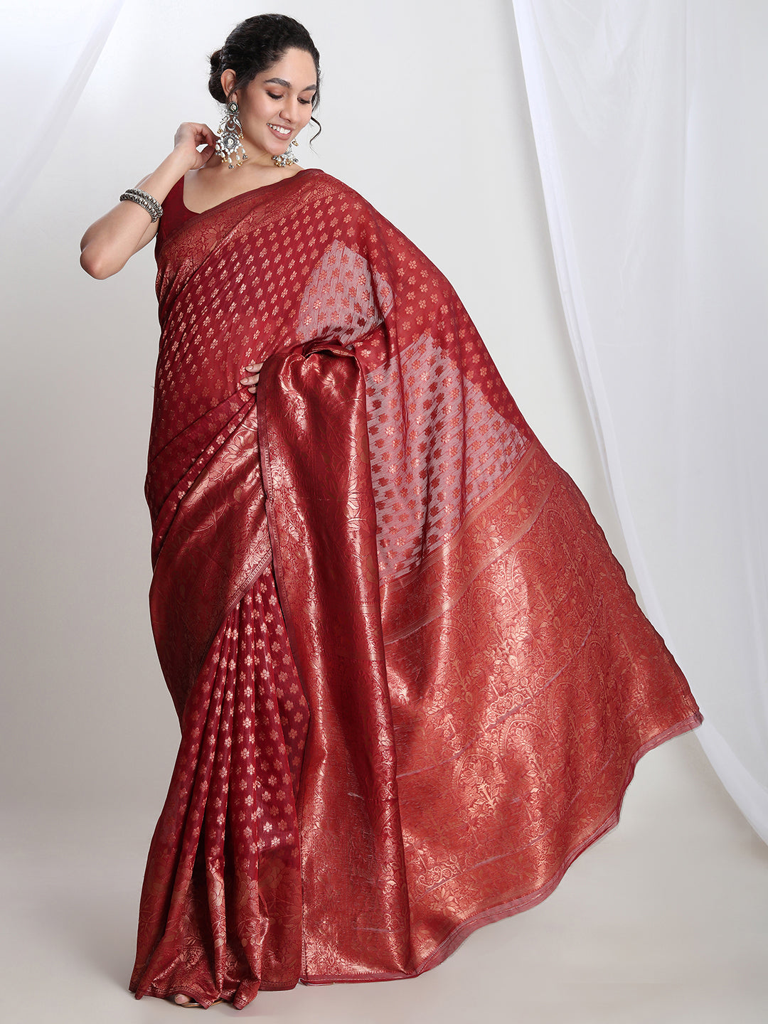Janasya Red Silk Blend Floral Jacquard Saree
