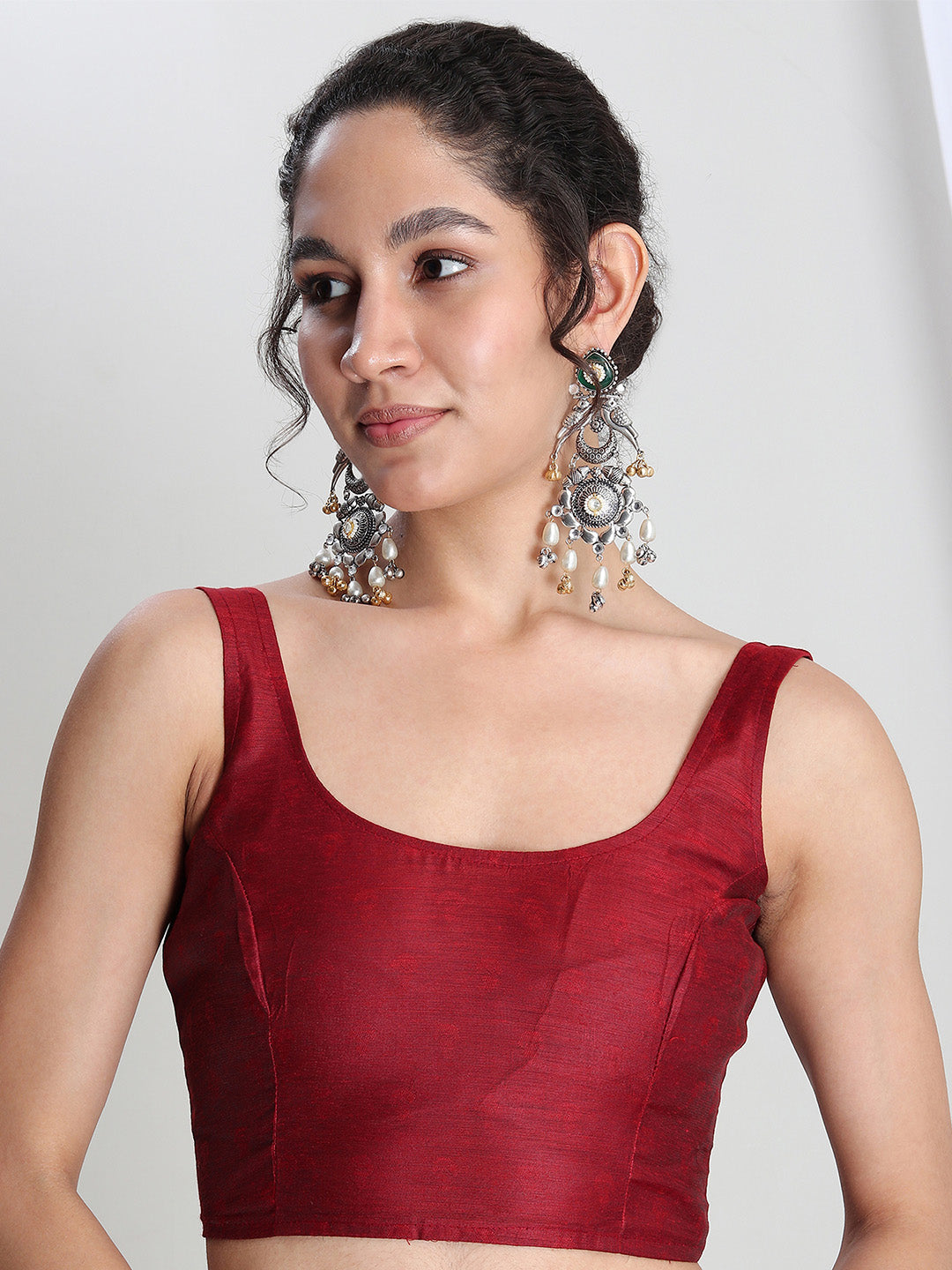 Janasya Red Silk Blend Floral Jacquard Saree