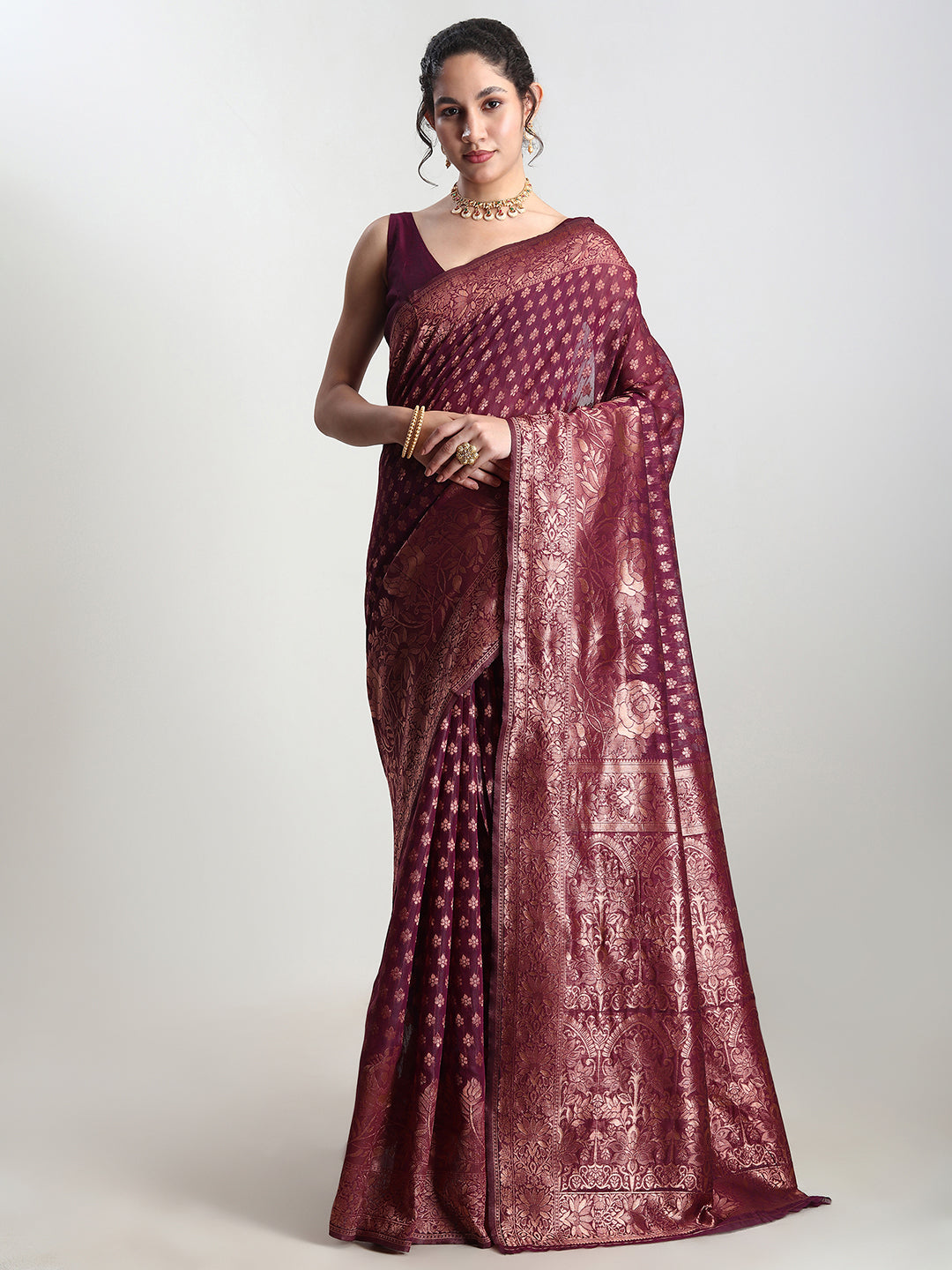 Janasya Purple Silk Blend Floral Jacquard Saree