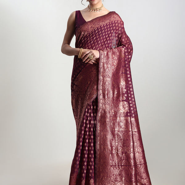 Janasya Purple Silk Blend Floral Jacquard Saree