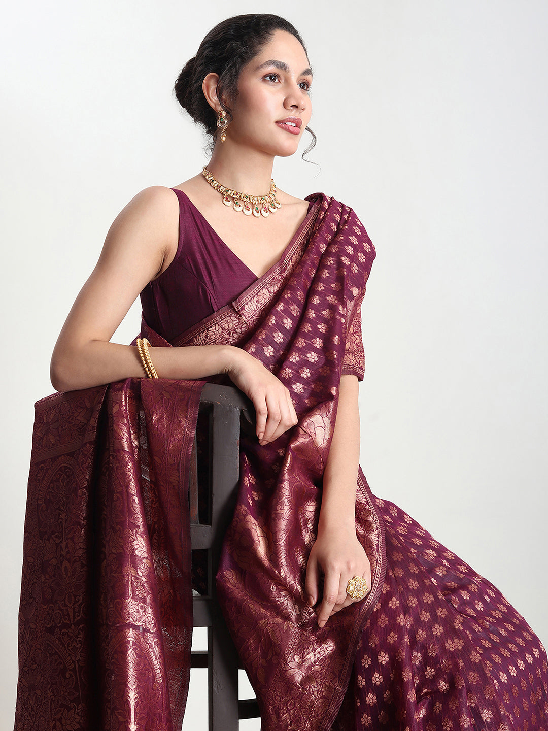 Janasya Purple Silk Blend Floral Jacquard Saree