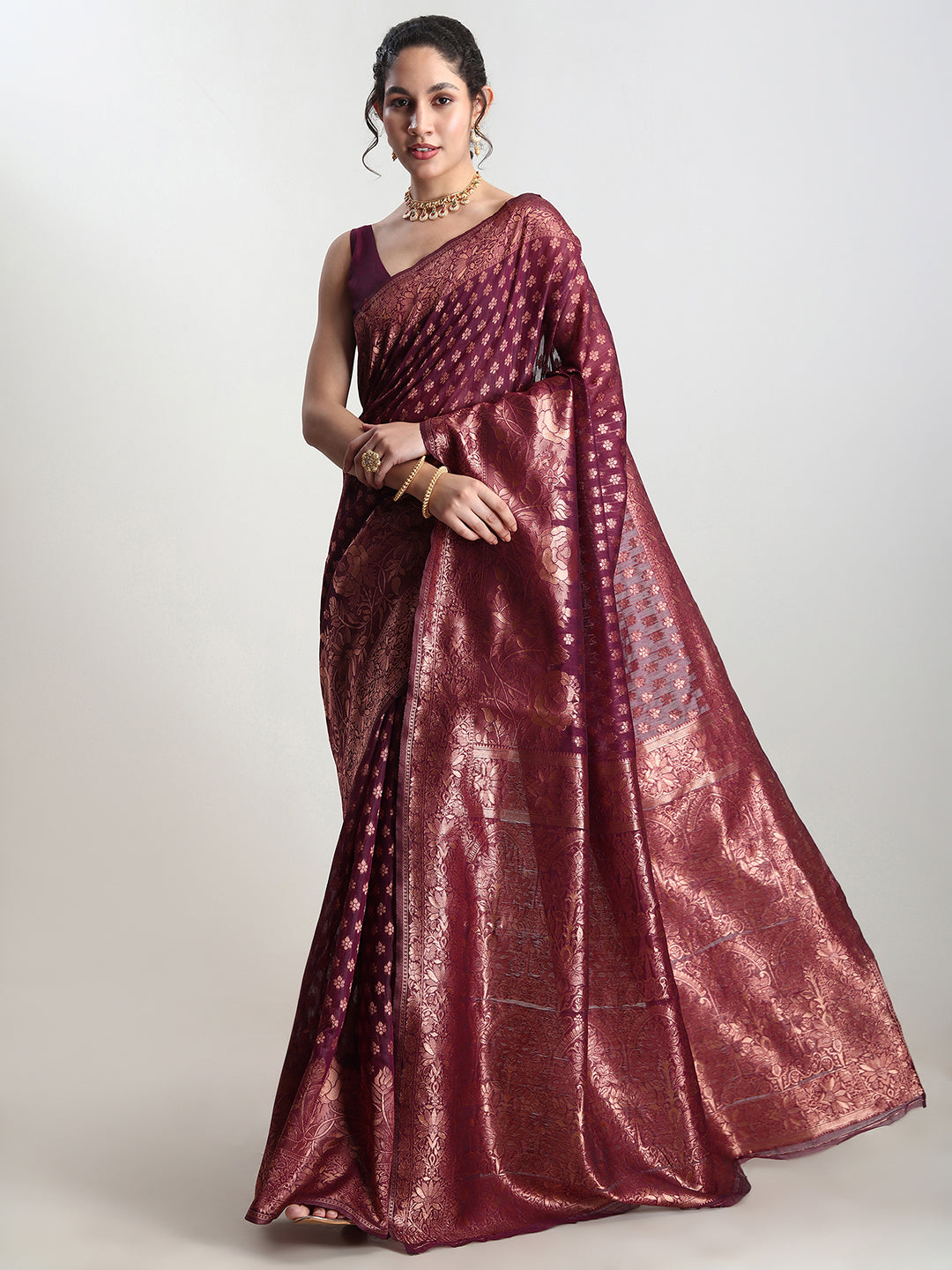 Janasya Purple Silk Blend Floral Jacquard Saree