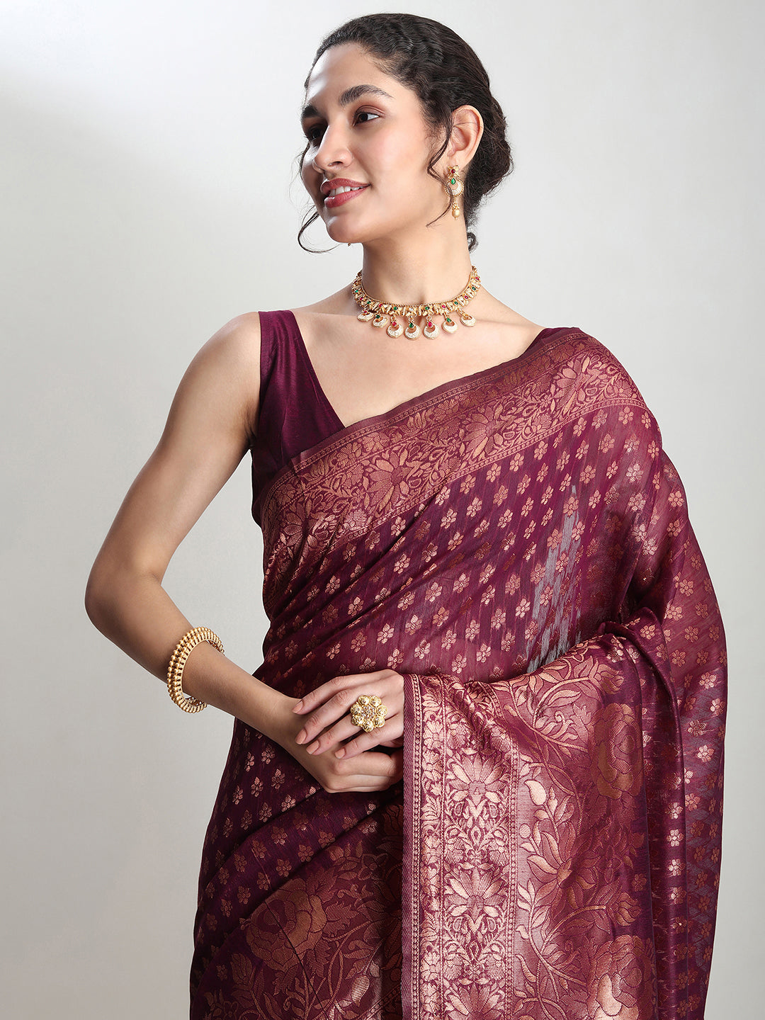 Janasya Purple Silk Blend Floral Jacquard Saree