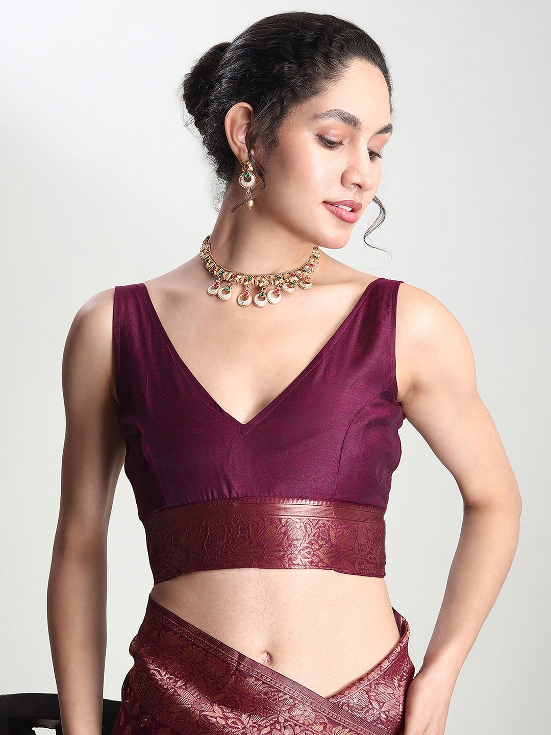 Janasya Purple Silk Blend Floral Jacquard Saree