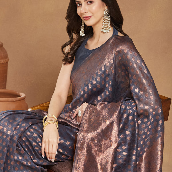 Janasya Dark Grey Silk Blend Floral Jacquard Saree