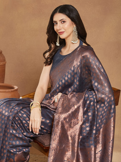 Janasya Dark Grey Silk Blend Floral Jacquard Saree - Distacart