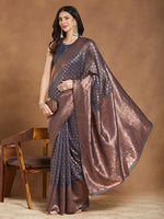 Thumbnail for Janasya Dark Grey Silk Blend Floral Jacquard Saree