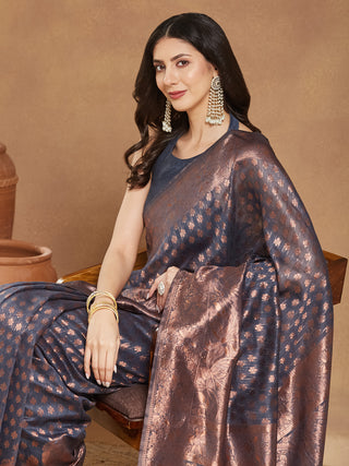 Janasya Dark Grey Silk Blend Floral Jacquard Saree