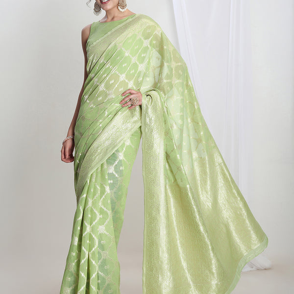 Janasya Light Green Silk Blend Geometric Jacquard Saree