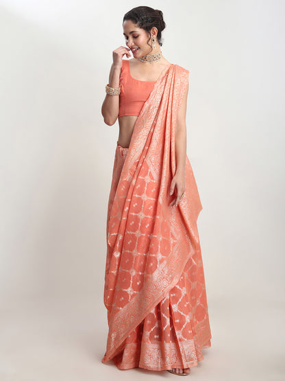 Janasya Peach Silk Blend Geometric Jacquard Saree - Distacart