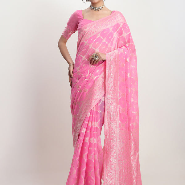 Janasya Pink Silk Blend Geometric Jacquard Saree - Distacart