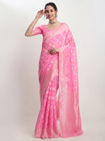 Thumbnail for Janasya Pink Silk Blend Geometric Jacquard Saree