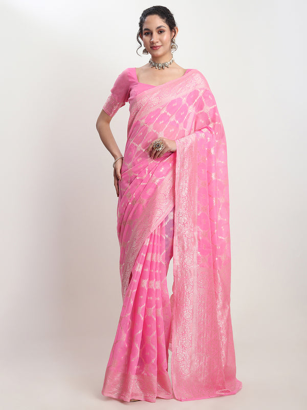 Janasya Pink Silk Blend Geometric Jacquard Saree