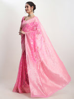 Thumbnail for Janasya Pink Silk Blend Geometric Jacquard Saree