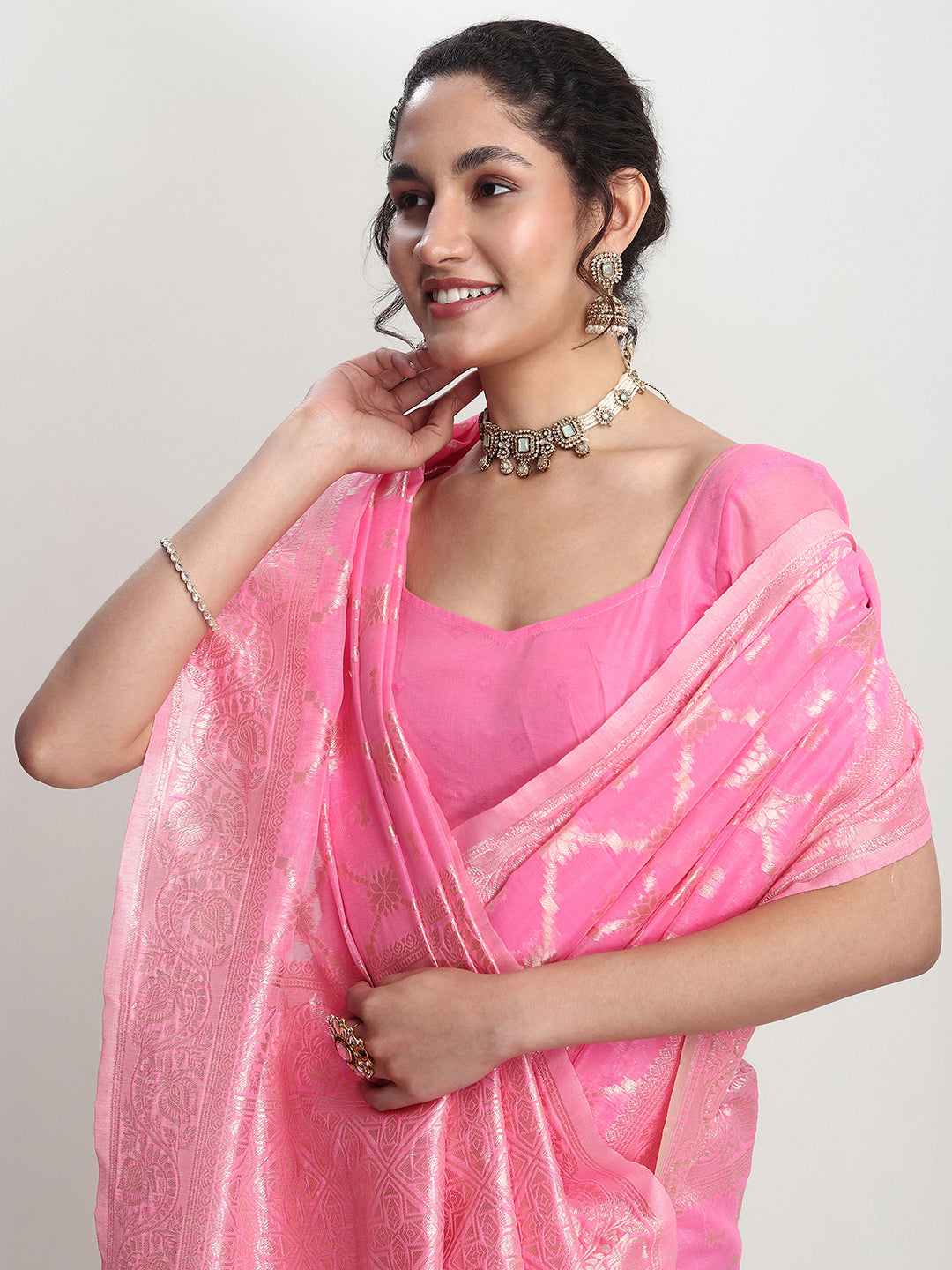 Janasya Pink Silk Blend Geometric Jacquard Saree - Distacart