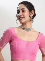 Thumbnail for Janasya Pink Silk Blend Geometric Jacquard Saree
