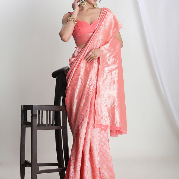 Janasya Peach Silk Blend Leaf Motifs Jacquard Saree