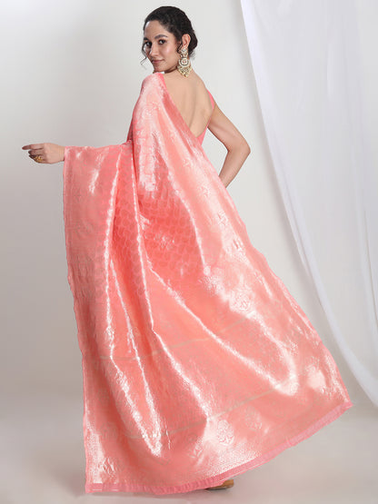 Janasya Peach Silk Blend Leaf Motifs Jacquard Saree - Distacart