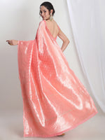 Thumbnail for Janasya Peach Silk Blend Leaf Motifs Jacquard Saree